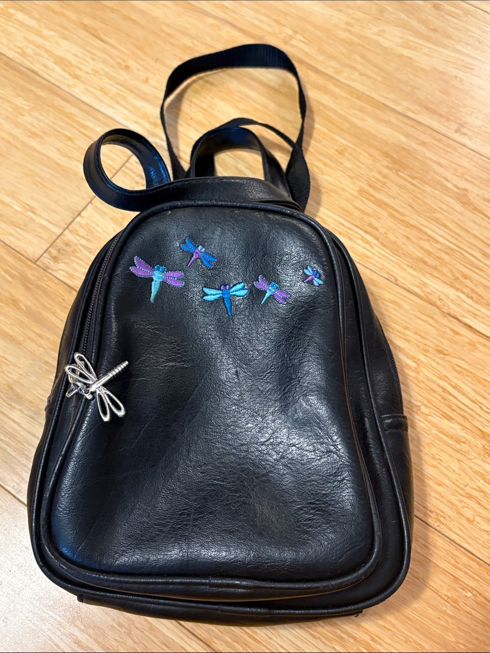Vintage Route 66 Black Faux Leather Dragonfly Mini Backpack Y2K